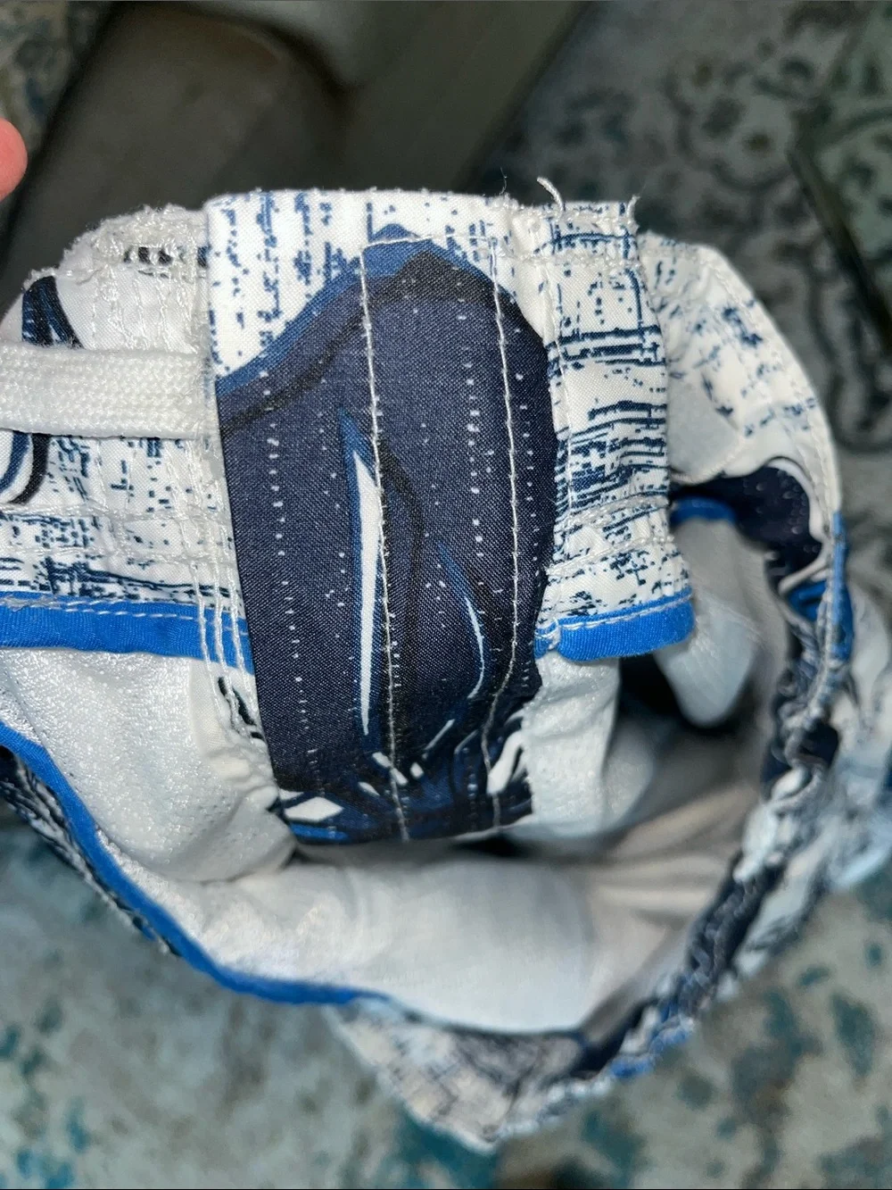 Retro White with Bold Blue Tropical Print Cargo Men’s Swim Trunks Lined